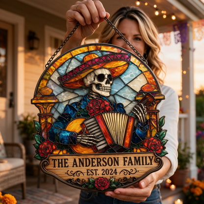 Custom Stained Glass Skeleton Accordion Family Sign
