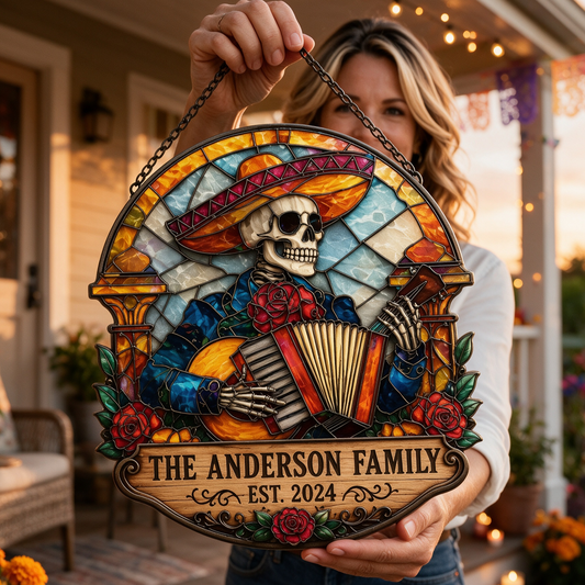 Custom Stained Glass Skeleton Accordion Family Sign
