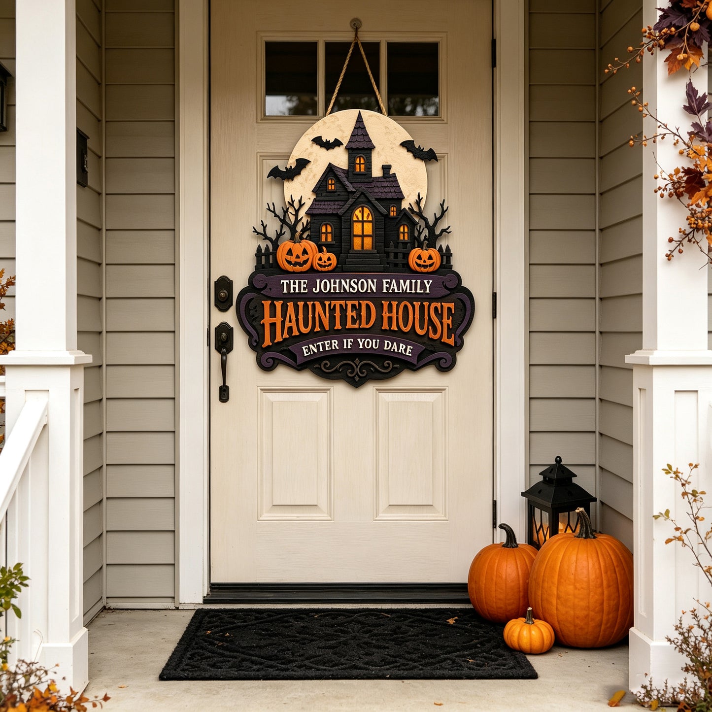 Custom Family Name Haunted House Sign, Spooky Halloween Door Decor