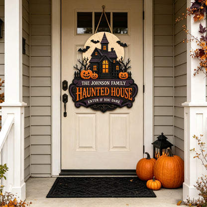 Custom Family Name Haunted House Sign, Spooky Halloween Door Decor