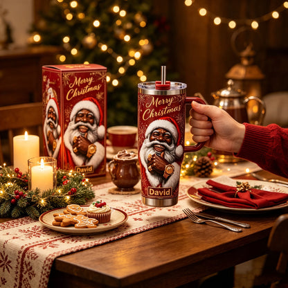 🎄 Personalized Black Santa Christmas Tumbler with Gift Box
