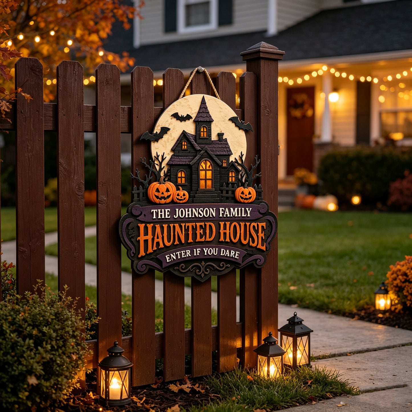 Custom Family Name Haunted House Sign, Spooky Halloween Door Decor