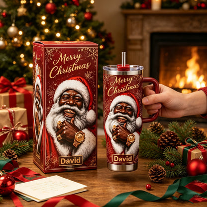 🎄 Personalized Black Santa Christmas Tumbler with Gift Box