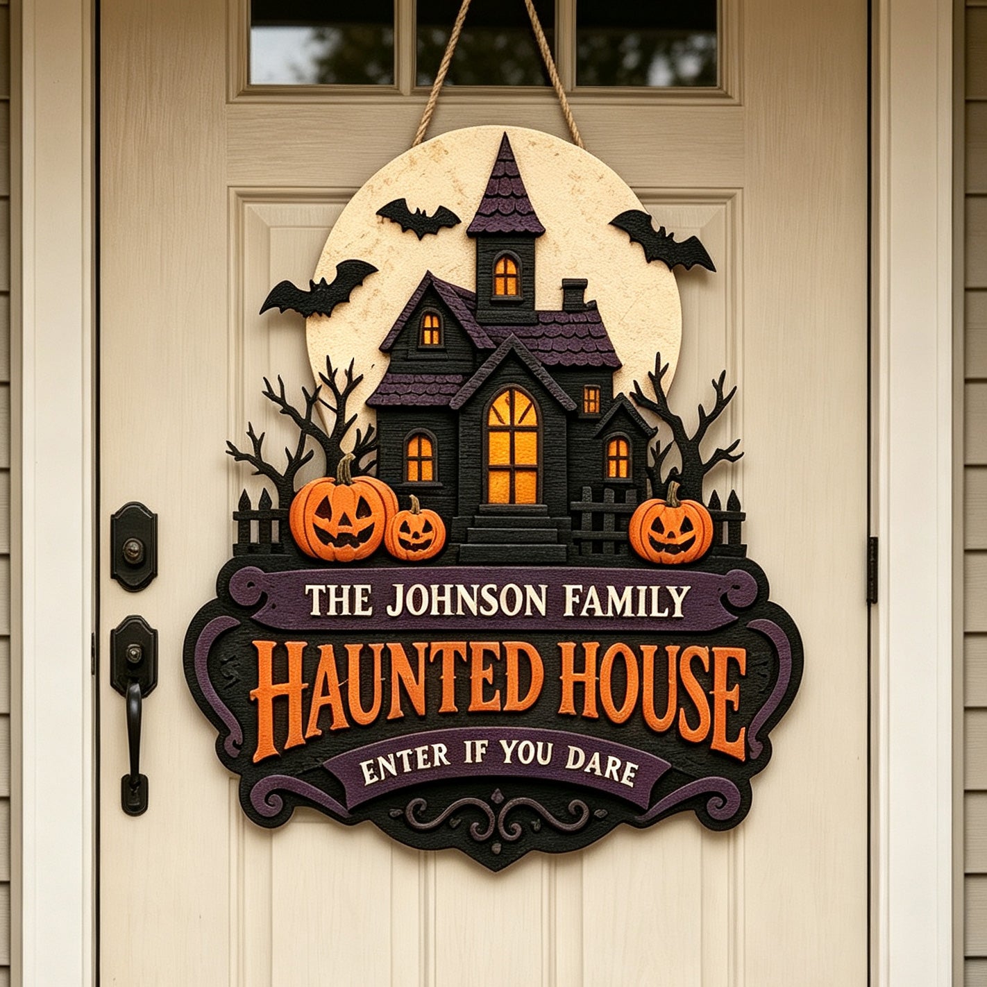 Custom Family Name Haunted House Sign, Spooky Halloween Door Decor