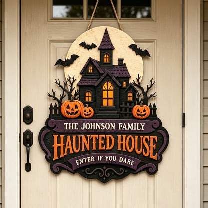 Custom Family Name Haunted House Sign, Spooky Halloween Door Decor