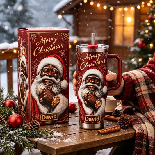 🎄 Personalized Black Santa Christmas Tumbler with Gift Box