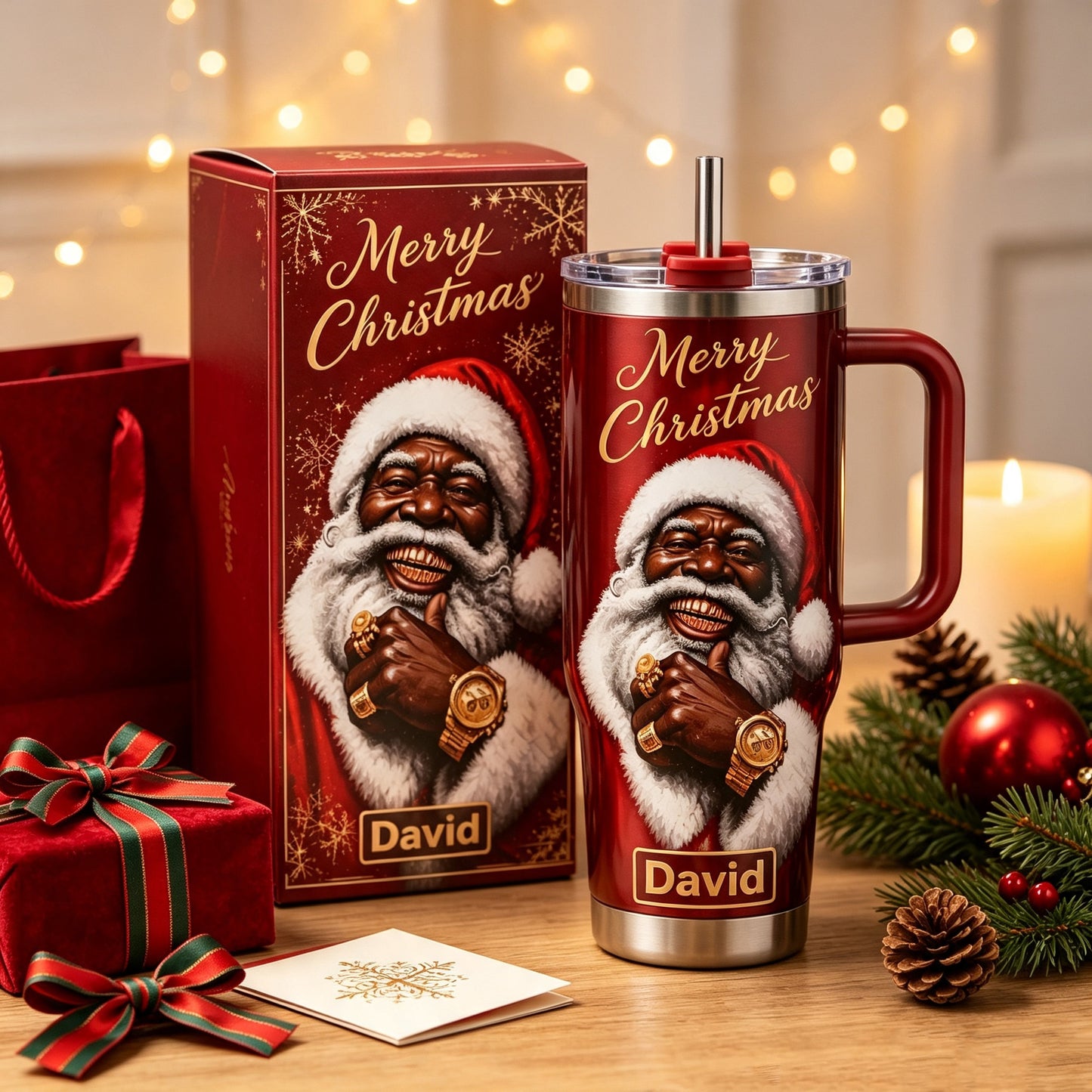 🎄 Personalized Black Santa Christmas Tumbler with Gift Box