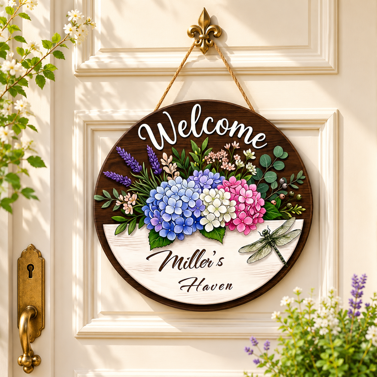 Personalized Hydrangea Dragonfly Welcome Wooden Door Hanger