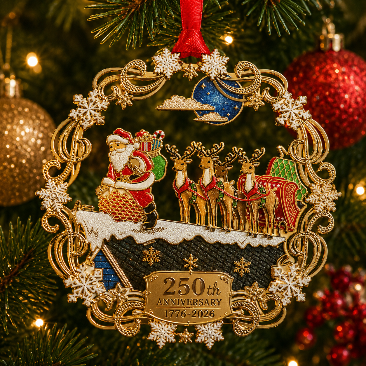 🎄250th Anniversary Christmas Metal Ornament 🎇 | 8 Styles Enamel Gold Plated Tree Hanging Decor, Patriotic 1776‑2026 Holiday Keepsake Gift
