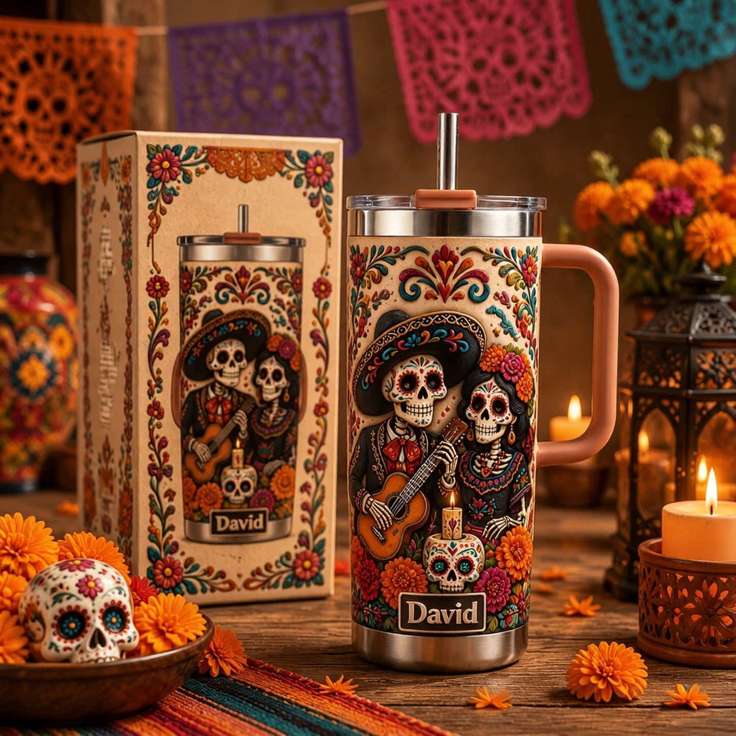 💀 Personalized Día de los Muertos Sugar Skull Couple 40oz Handle Tumbler 🌺🎸