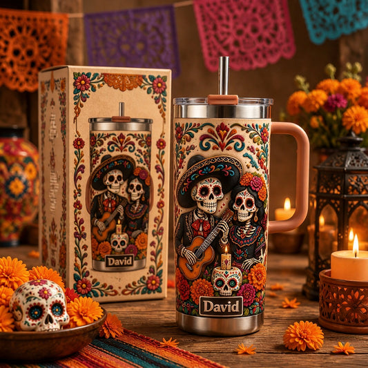 💀 Personalized Día de los Muertos Sugar Skull Couple 40oz Handle Tumbler 🌺🎸