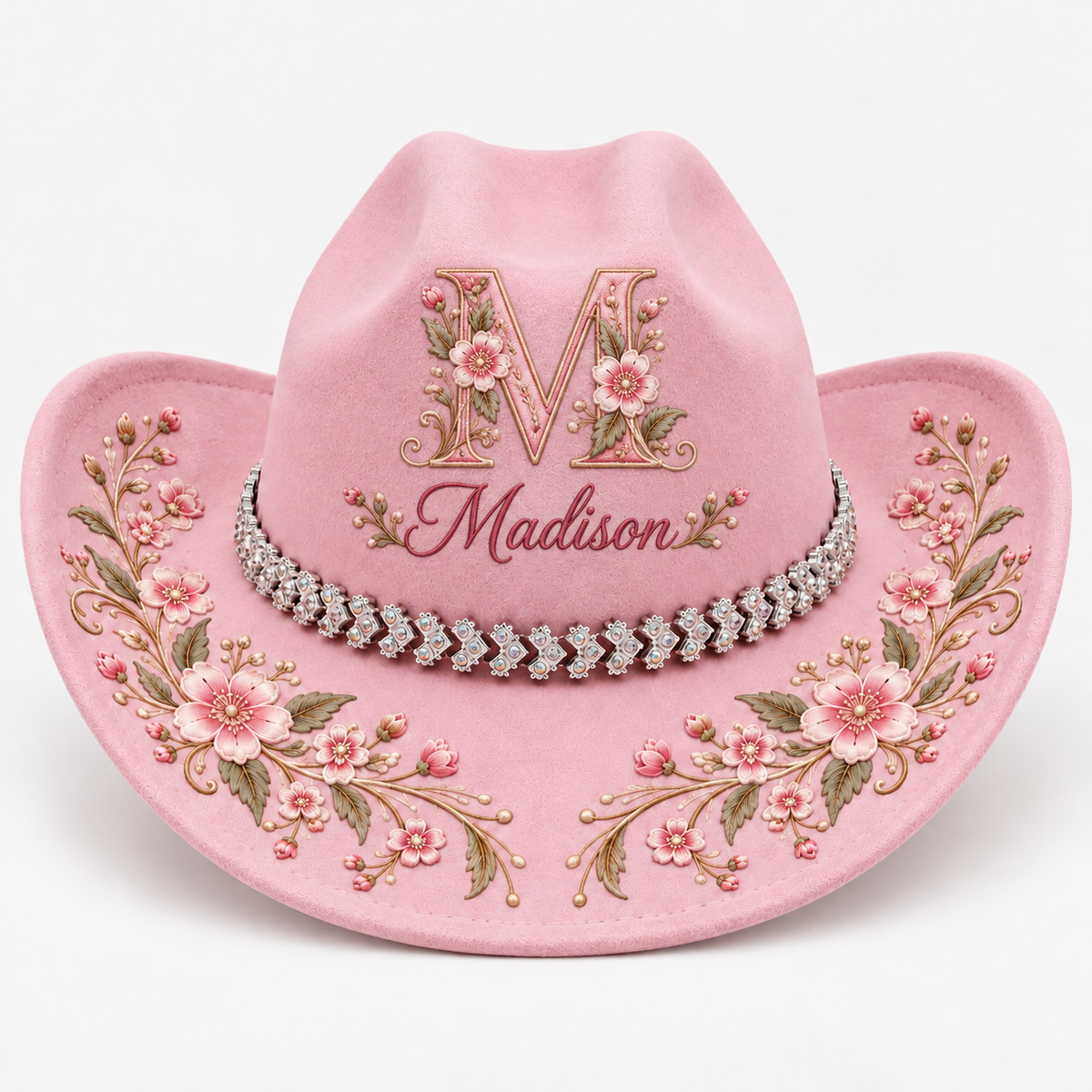 Personalized Pink Floral Cowgirl Hat – Custom Initial & Name with Sparkling Rhinestone Chain