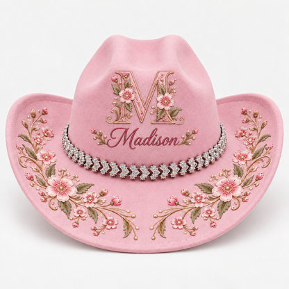 Personalized Pink Floral Cowgirl Hat – Custom Initial & Name with Sparkling Rhinestone Chain