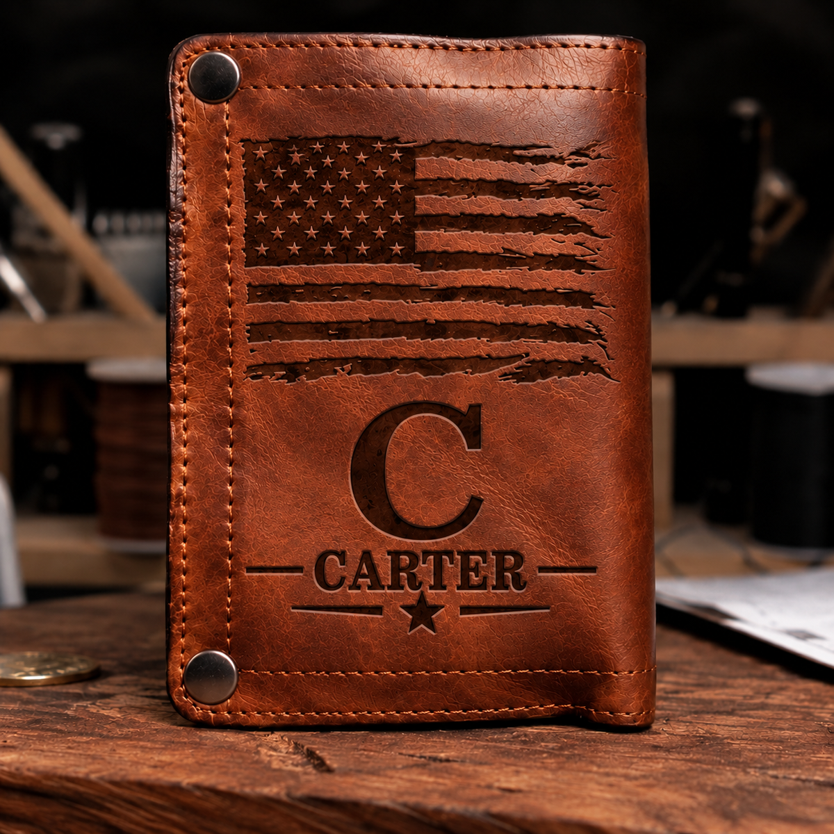 Personalized American Flag Leather Wallett – Custom Initial & Name