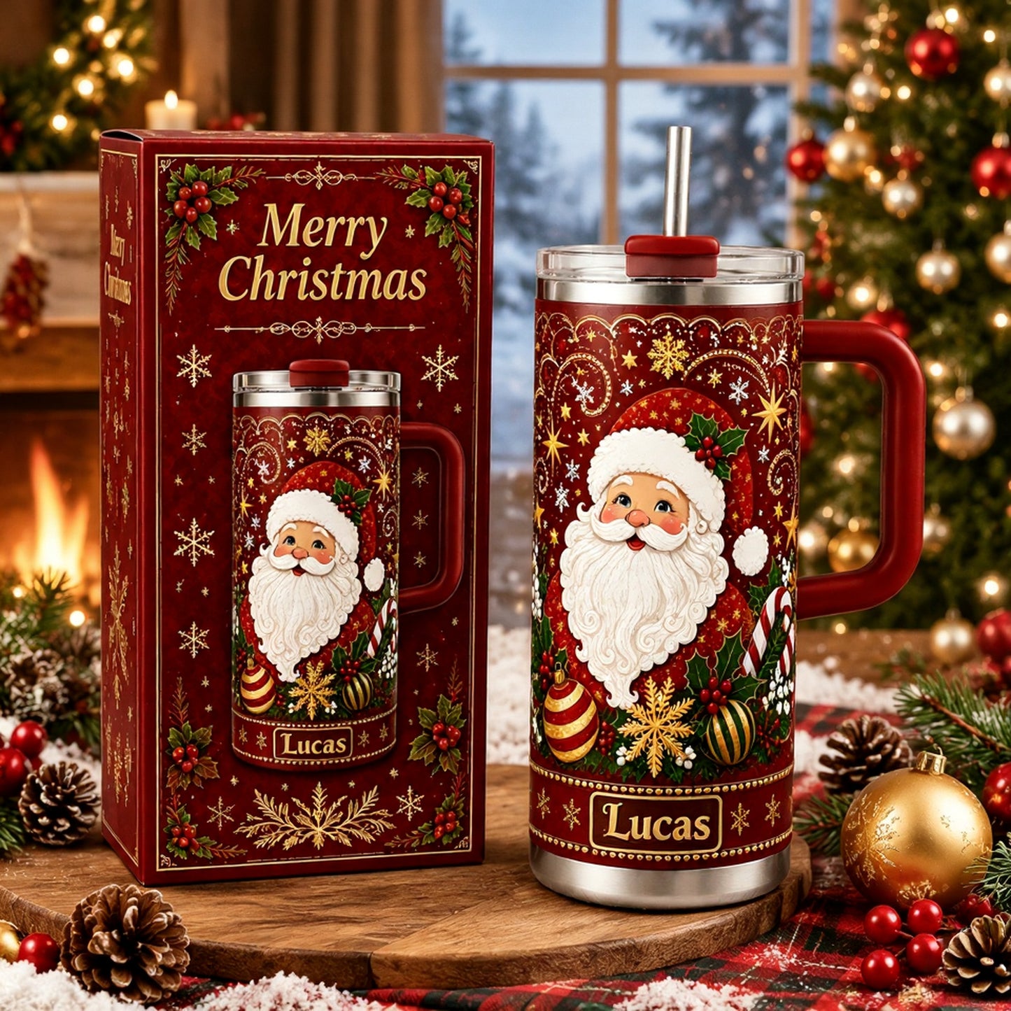 🎅 Personalized Christmas Santa Snowflake 40oz Handle Tumbler 🎄✨