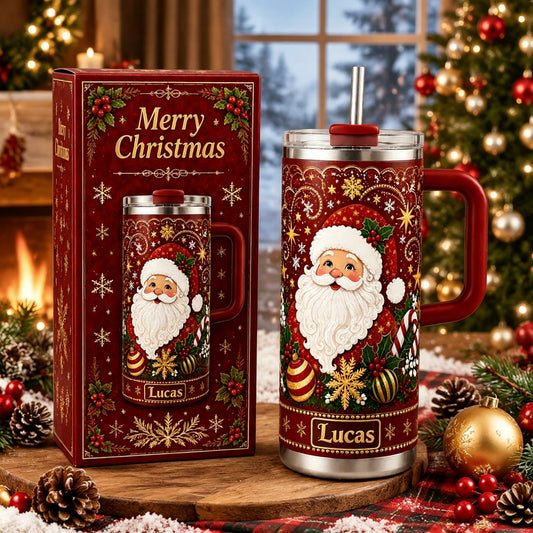 🎅 Personalized Christmas Santa Snowflake 40oz Handle Tumbler 🎄✨