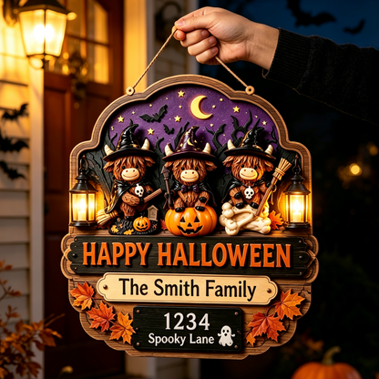 Personalized Highland Cow Halloween Door Sign