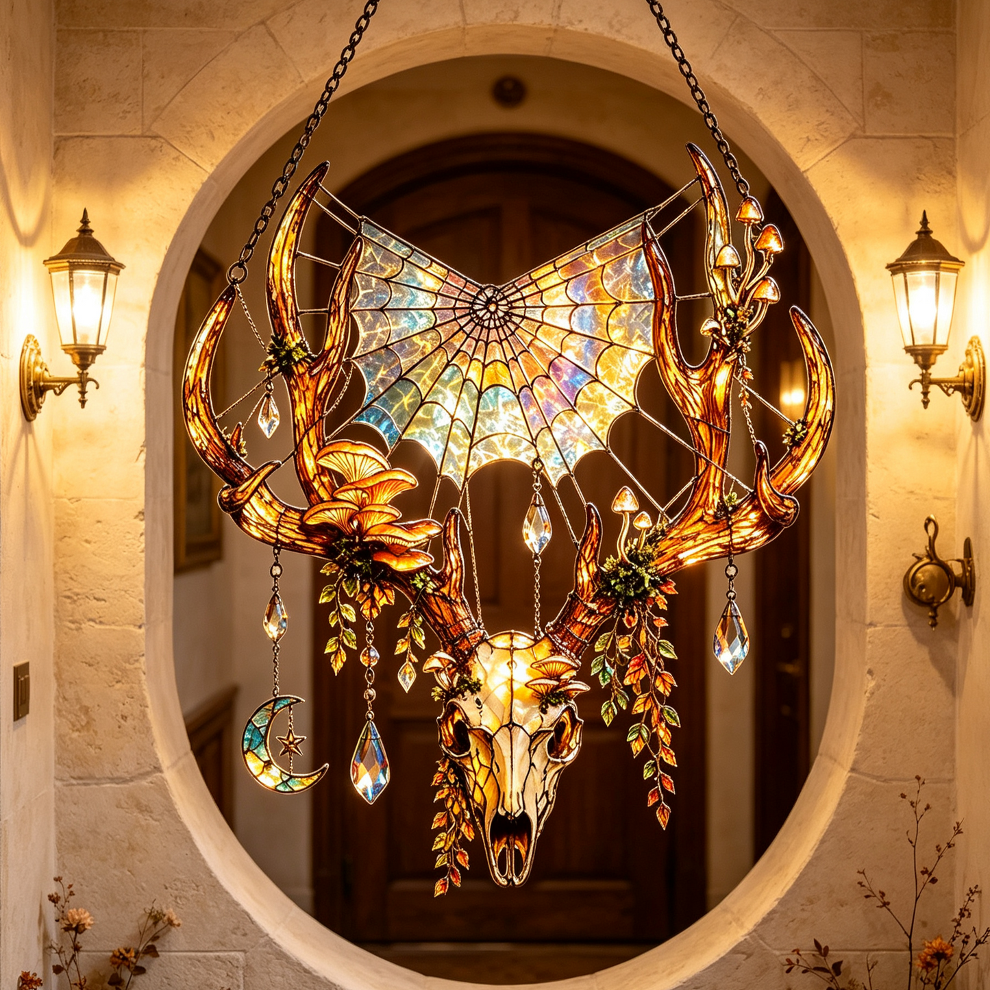 Stained Glass Deer Skull Mushroom Moon Window Hanging