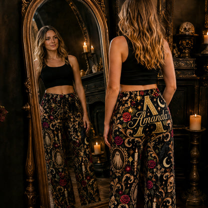 Personalized Haunted Damask Pajama Pants– Custom Initial & Name Gothic Halloween Lounge Pants