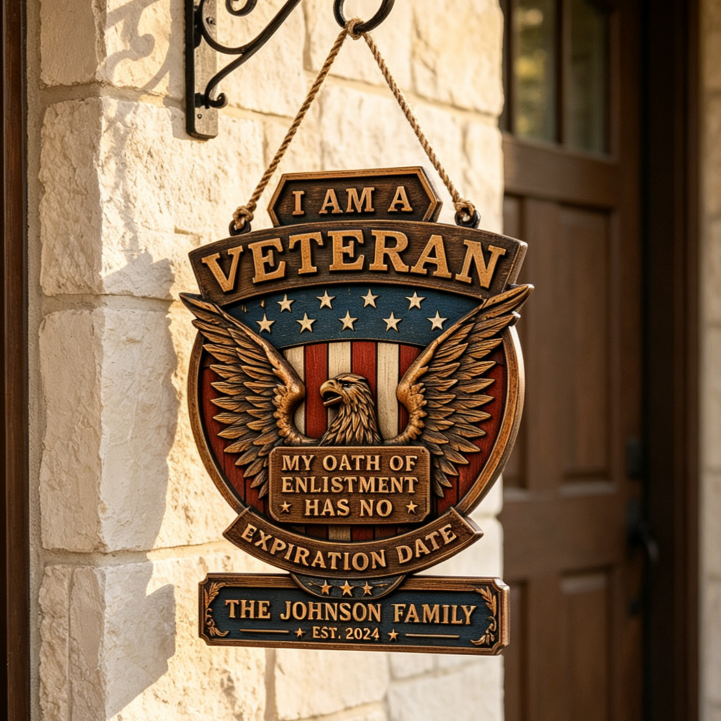 Personalized Patriotic Veteran Eagle Family Wood Sign