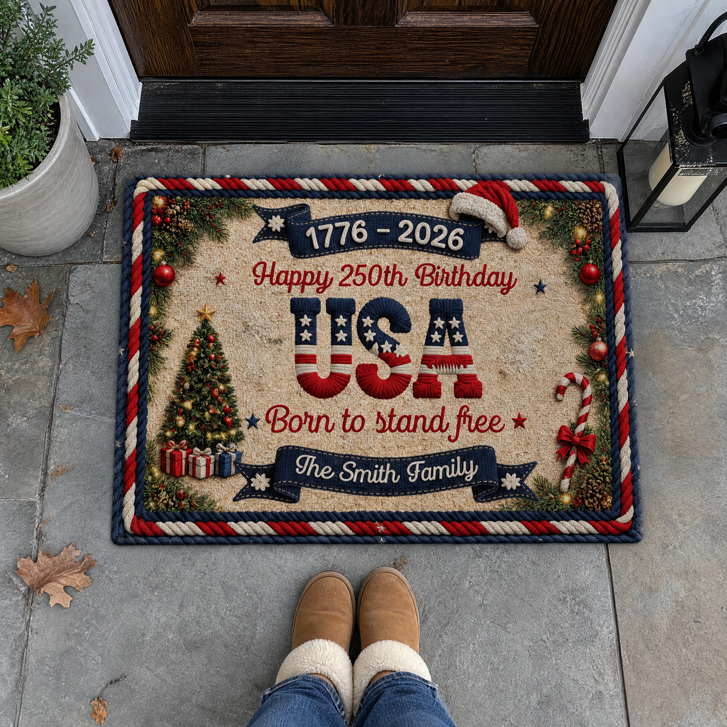 🎄Personalized USA 250th Birthday Christmas Doormat 🎇 | Custom Family Name 1776‑2026 Patriotic Holiday Front Door Mat Indoor Outdoor Decor Rug
