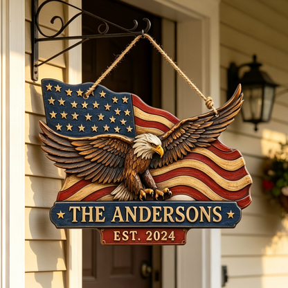 Custom American Flag Bald Eagle Family Name Sign