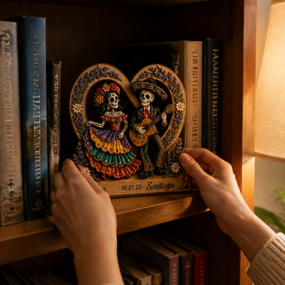 💀Personalized Day of the Dead Couple Wooden Figurine 🎁 Custom Names & Date Sugar Skull Skeleton Couple Tabletop Decor Gift for Anniversary