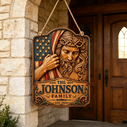 Personalized Patriotic Jesus American Flag Family Wood Sign