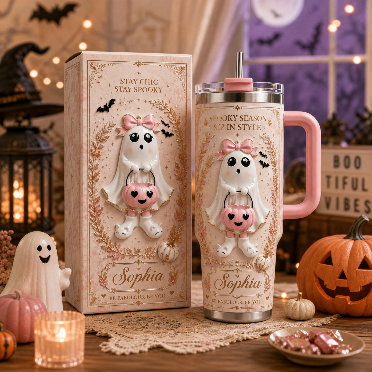👻 Custom Name Pink Ghost Halloween Tumbler 🎀 | 40oz Insulated Stainless Steel Cup with Handle & Straw | Spooky Chic Fall Gift for Her