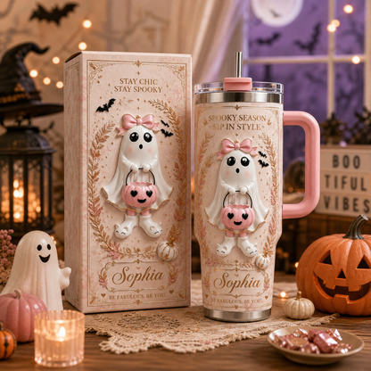 👻 Custom Name Pink Ghost Halloween Tumbler 🎀 | 40oz Insulated Stainless Steel Cup with Handle & Straw | Spooky Chic Fall Gift for Her