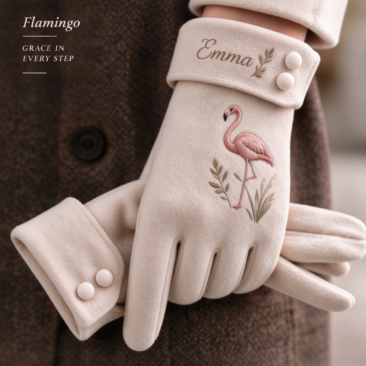 Personalized Nature Embroidered Winter Gloves – Custom Name Flamingo, Hummingbird, Butterfly & Red Bird Gloves