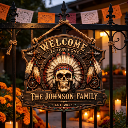 Custom Native American Skull Family Welcome Sign