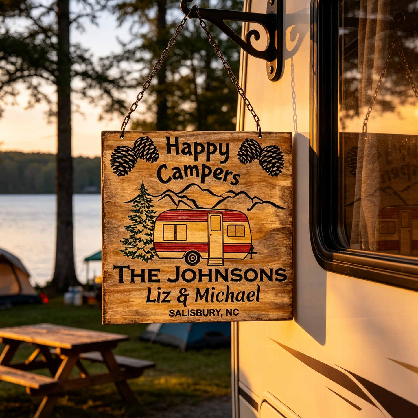 Custom Happy Campers RV Family Name Sign