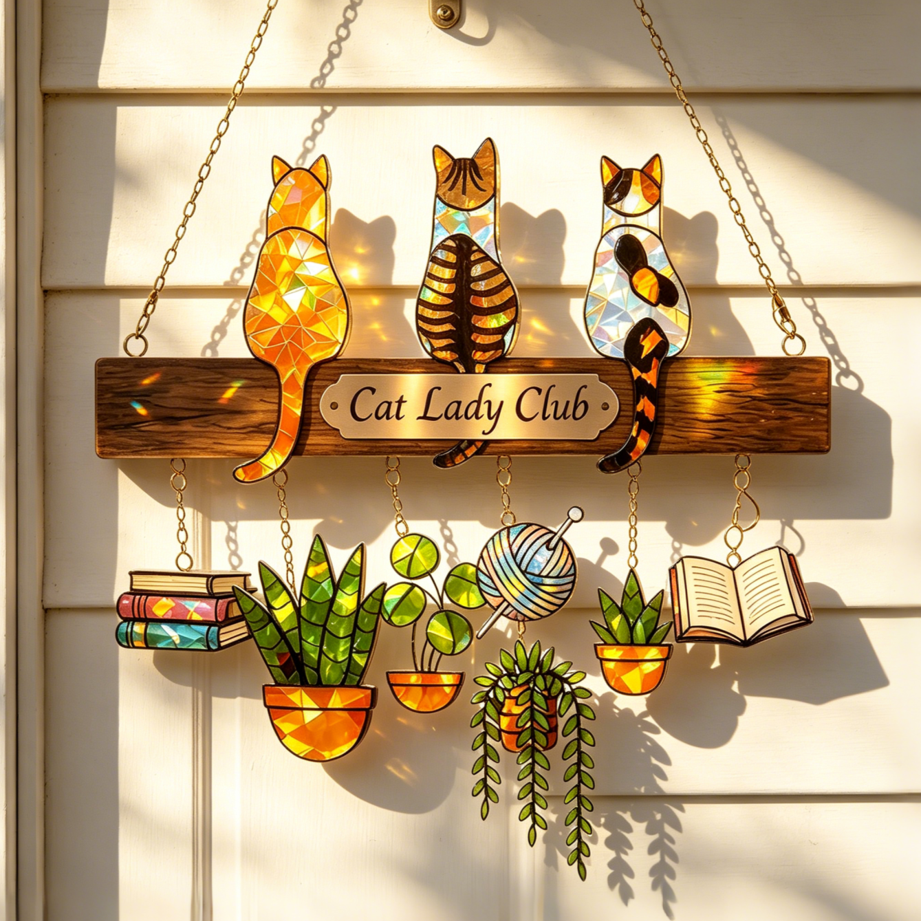 Custom Three Cats Stained Glass Window Hanging Sign