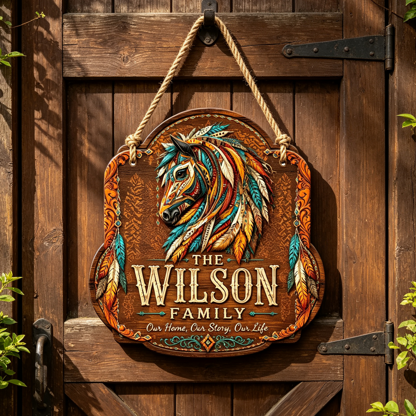 Custom Southwest Feather Horse Family Wood Sign