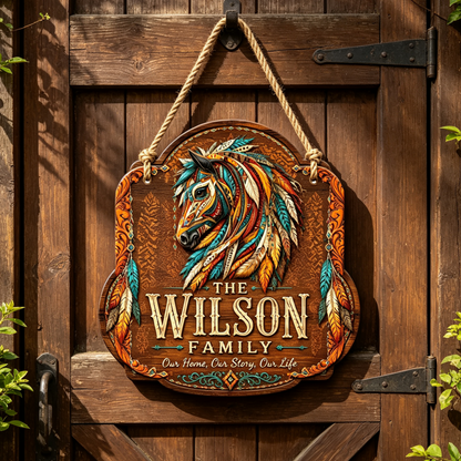 Custom Southwest Feather Horse Family Wood Sign