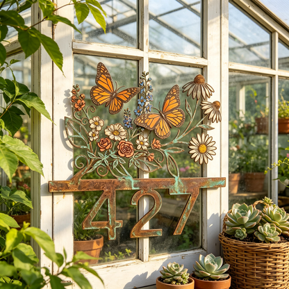 Personalized Monarch Butterfly Floral House Number Sign
