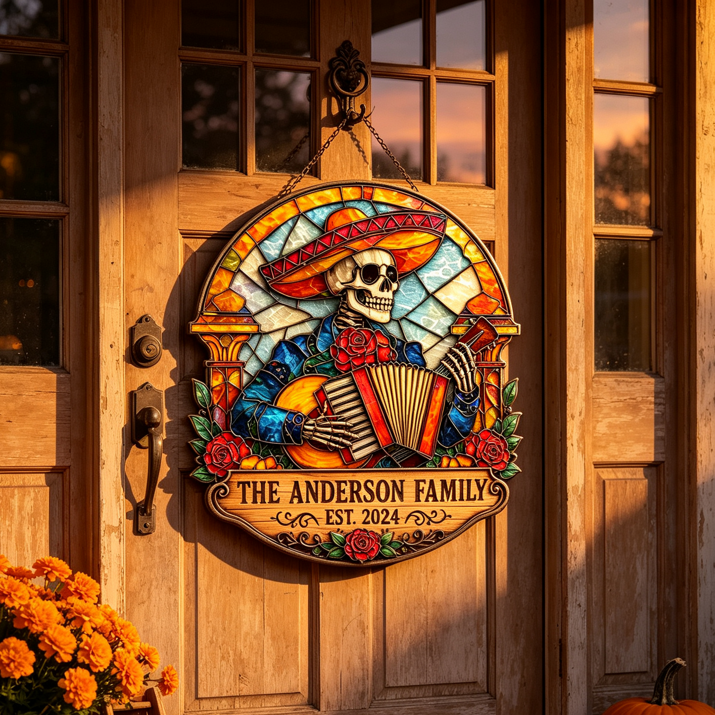 Custom Stained Glass Skeleton Accordion Family Sign