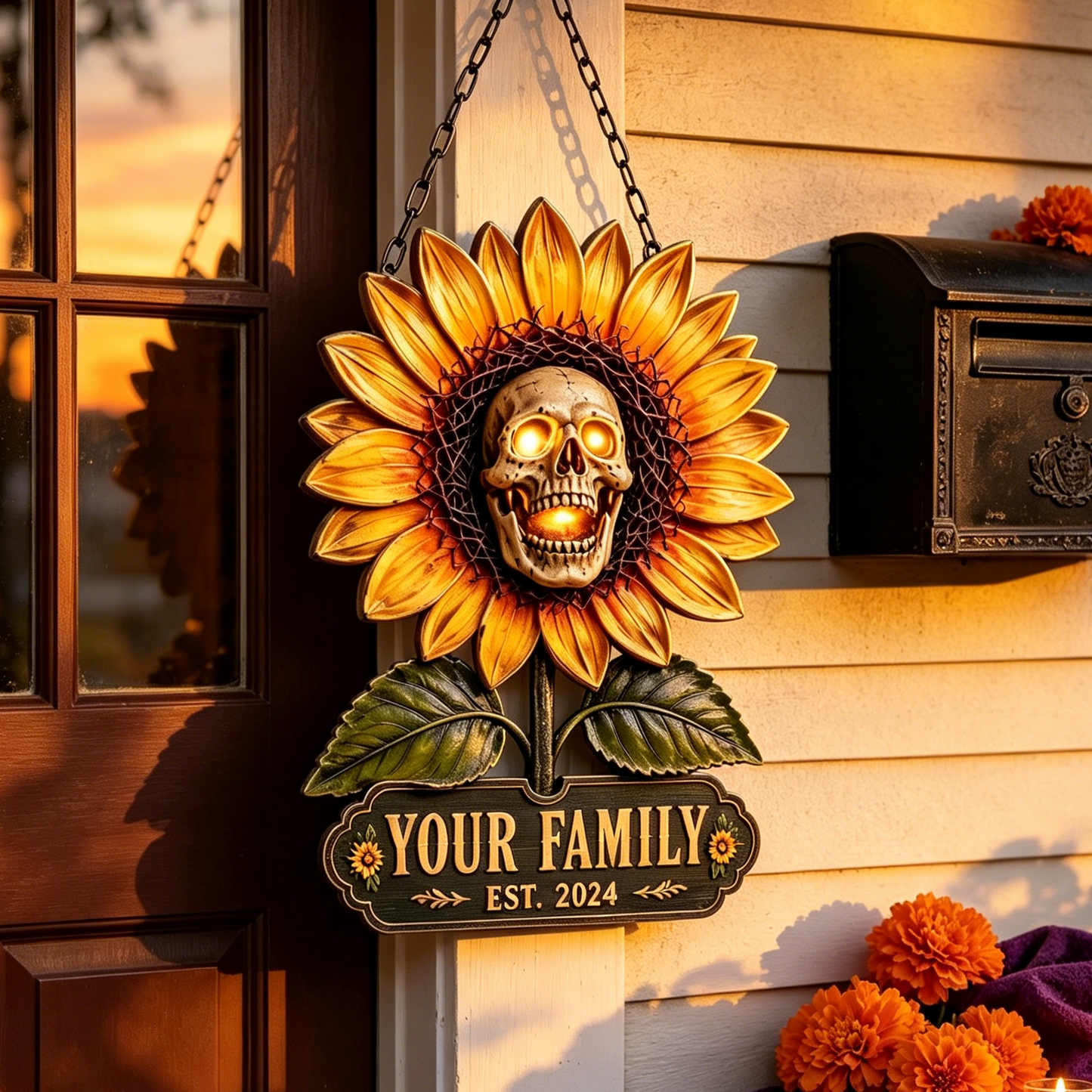 Personalized Sunflower Skull Family Name Door Sign