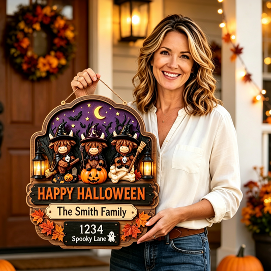 Personalized Highland Cow Halloween Door Sign