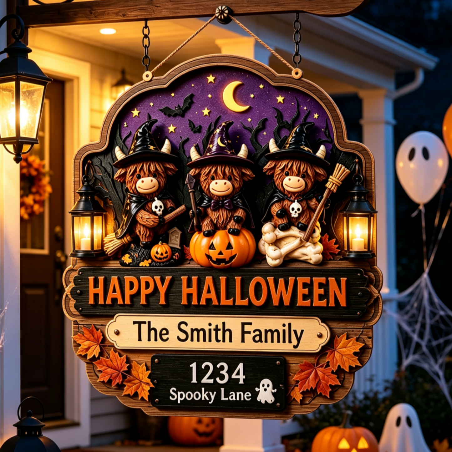 Personalized Highland Cow Halloween Door Sign