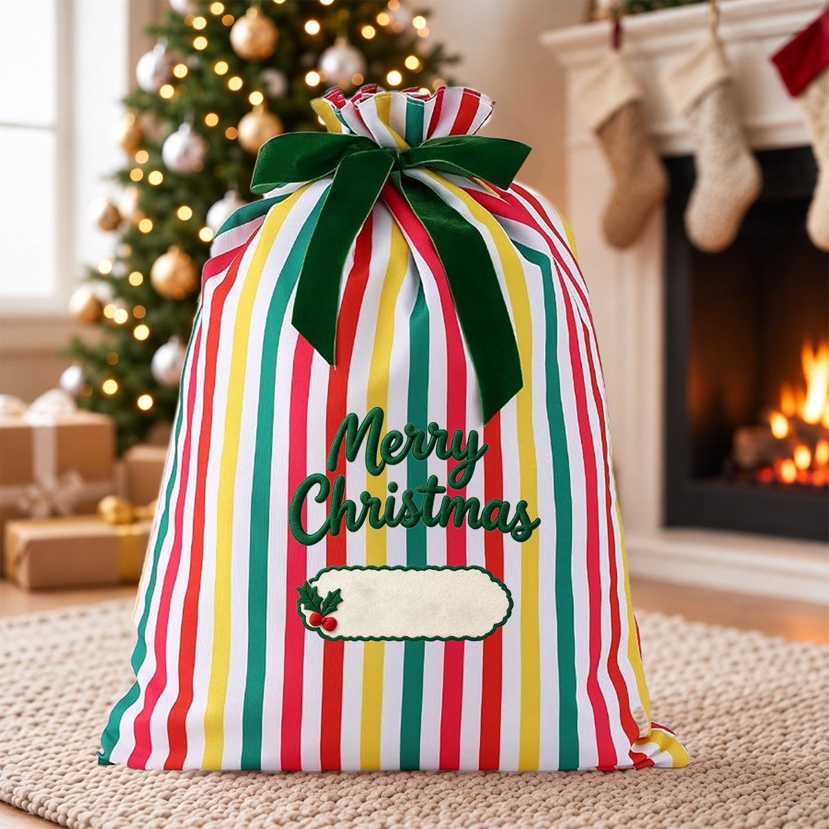 Personalized Striped Christmas Gift Sack, Custom Embroidered Name Santa Bag