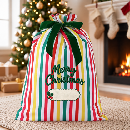 Personalized Striped Christmas Gift Sack, Custom Embroidered Name Santa Bag