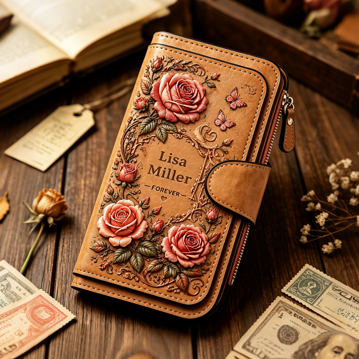 🌸Custom Name Women Floral Leather Wallet 🌻Personalized Vintage Flower Butterfly Long Clutch Purse Hydrangea Sunflower Lavender Rose Custom Gift for Her