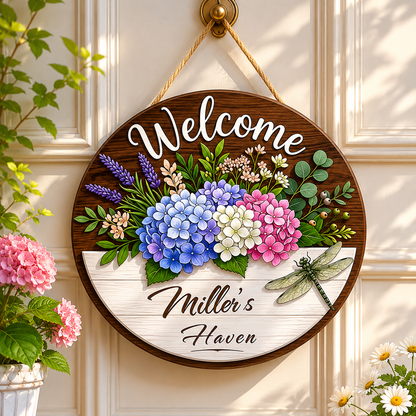 Personalized Hydrangea Dragonfly Welcome Wooden Door Hanger