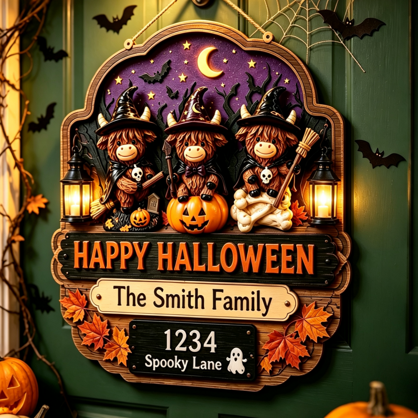 Personalized Highland Cow Halloween Door Sign