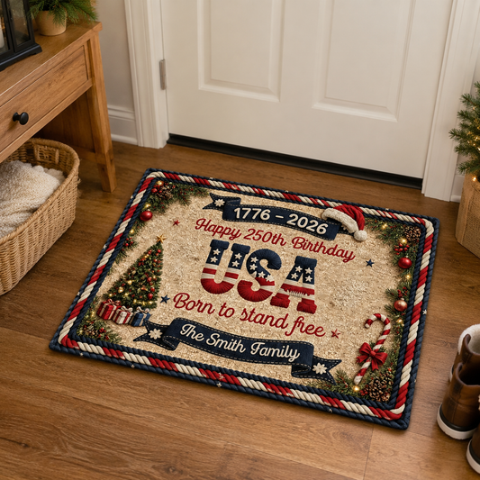 🎄Personalized USA 250th Birthday Christmas Doormat 🎇 | Custom Family Name 1776‑2026 Patriotic Holiday Front Door Mat Indoor Outdoor Decor Rug