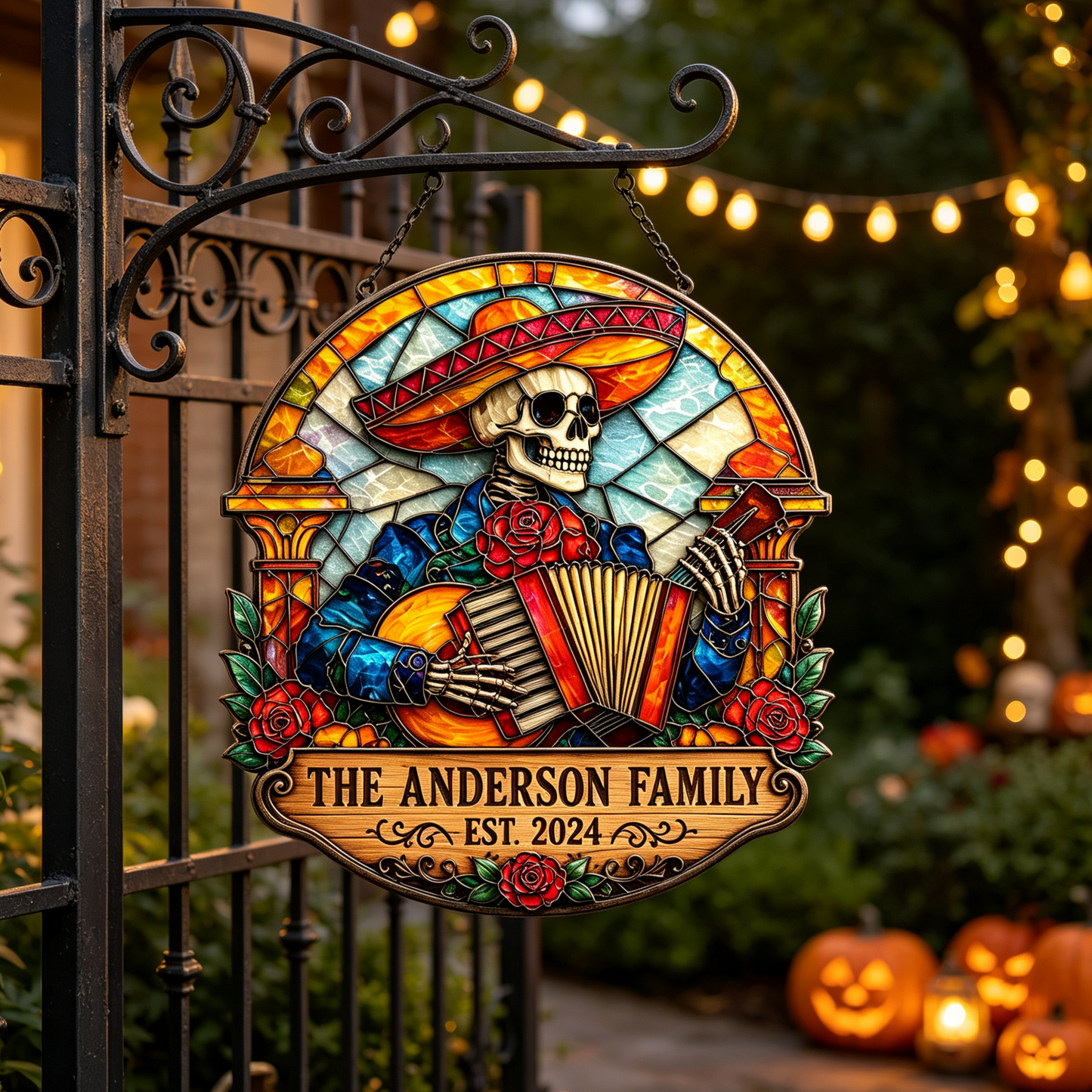 Custom Stained Glass Skeleton Accordion Family Sign