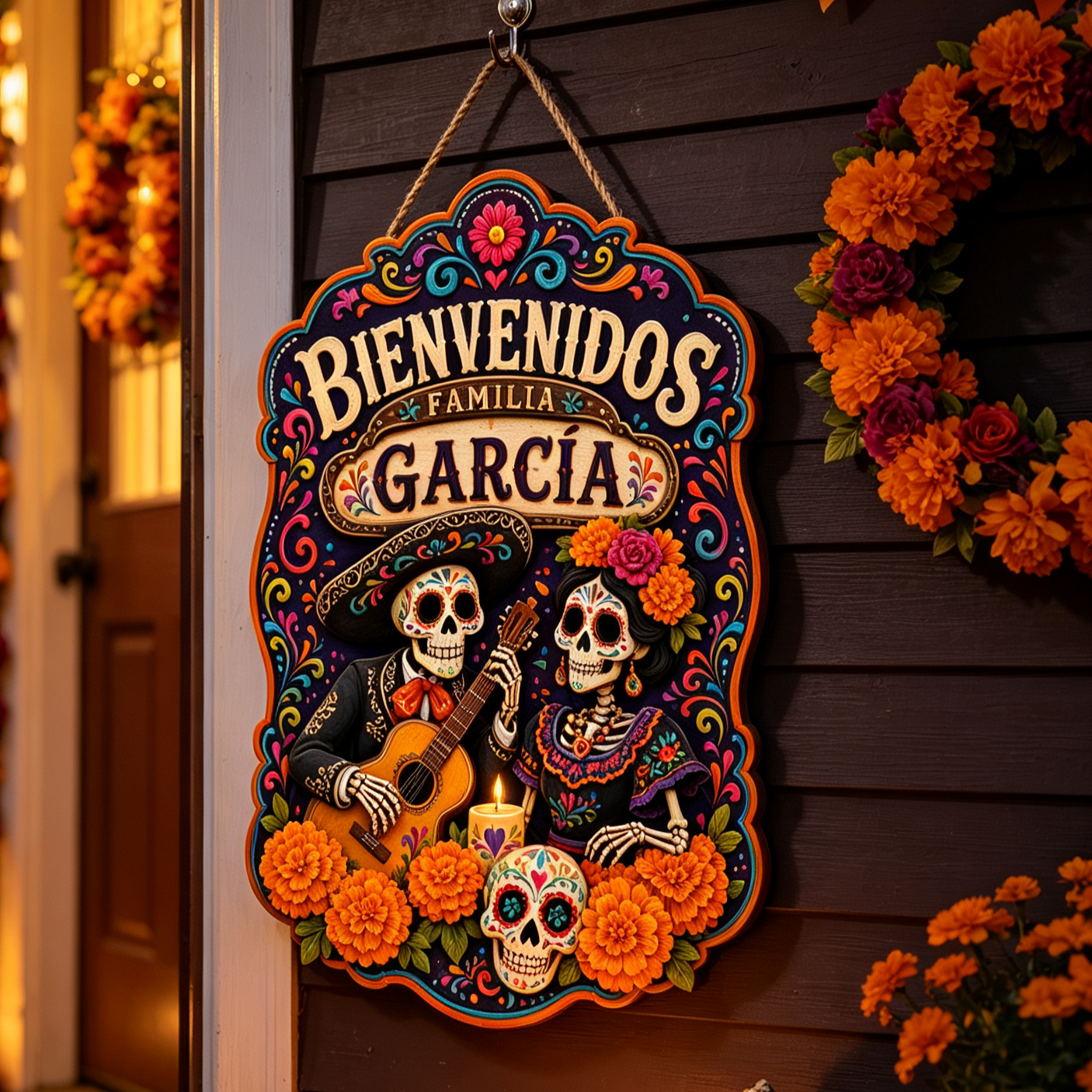 Personalized Dia De Los Muertos Familia Name Hanging Sign