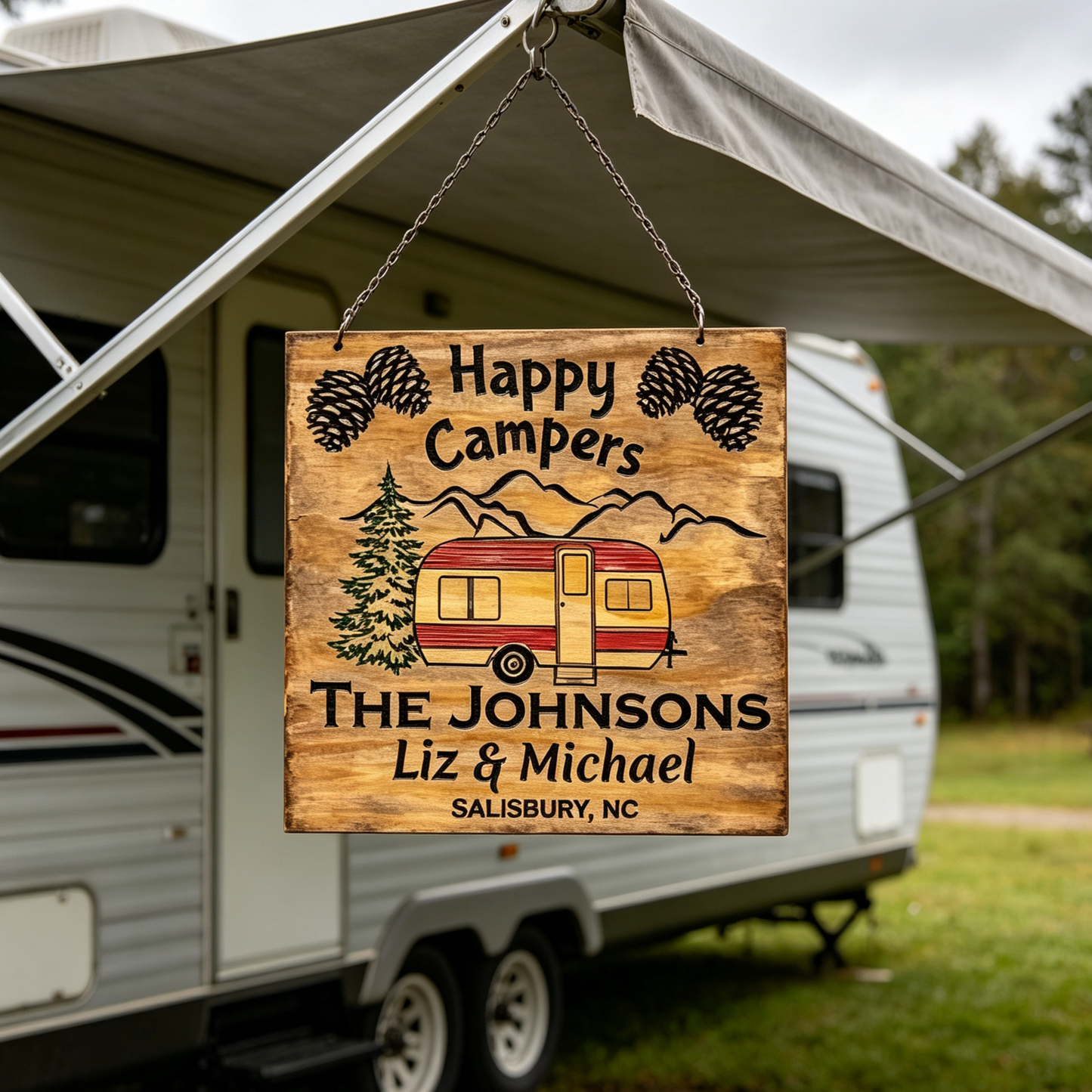 Custom Happy Campers RV Family Name Sign